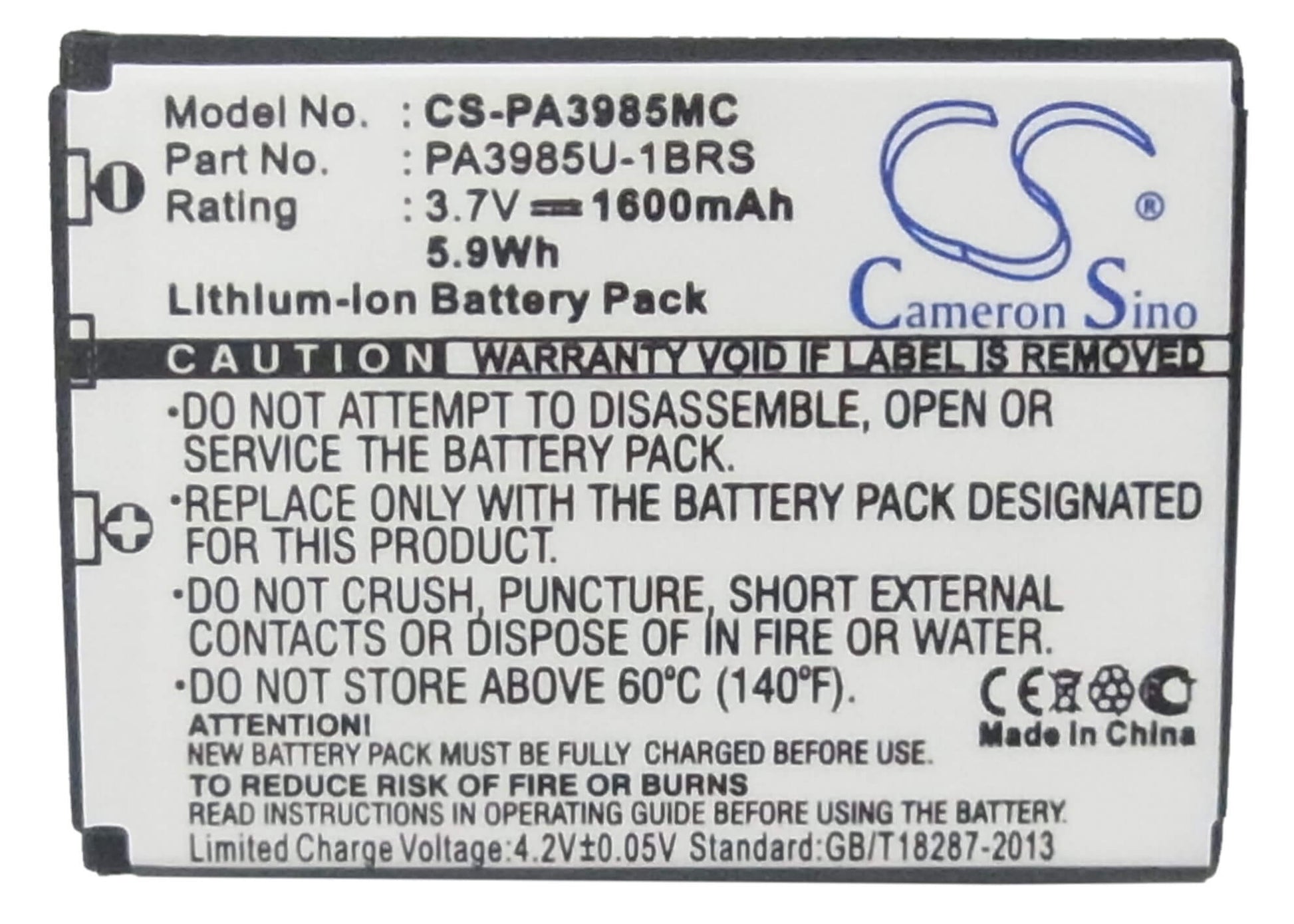 3.7V, 1600mAh, Li-ion Battery fits Toshiba, Camileo X200, Camileo X400, 5.92Wh