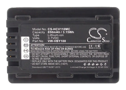 3.7V, 850mAh, Li-ion Battery fits Panasonic, Hc-v110, Hc-v110g, 3.145Wh