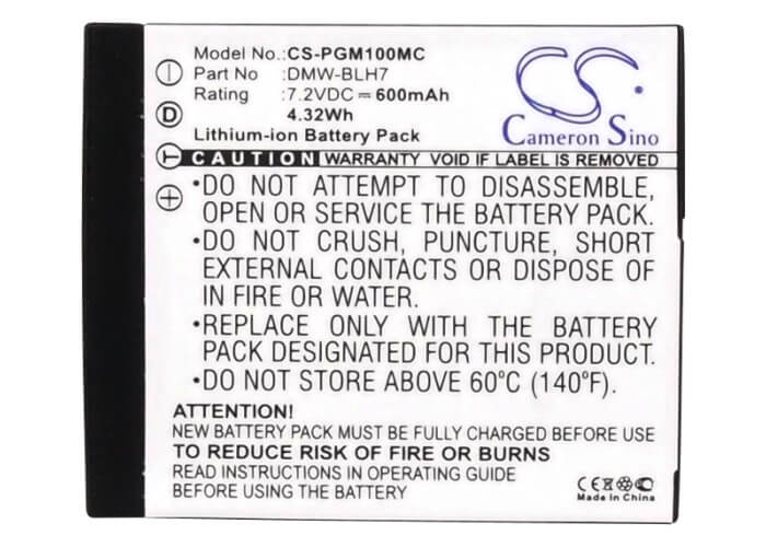 7.2V, 600mAh, Li-ion Battery fits Panasonic, Lumix Dmc-gm1, Lumix Dmc-gm1d, 4.32Wh