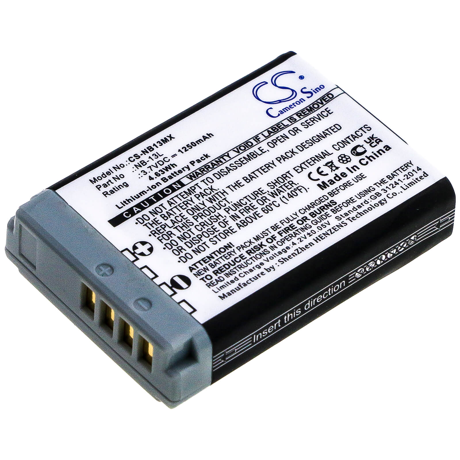 3.7V, 1250mAh, Li-ion Battery fits Canon, Powershot G5x, Powershot G5x M2, 4.625Wh