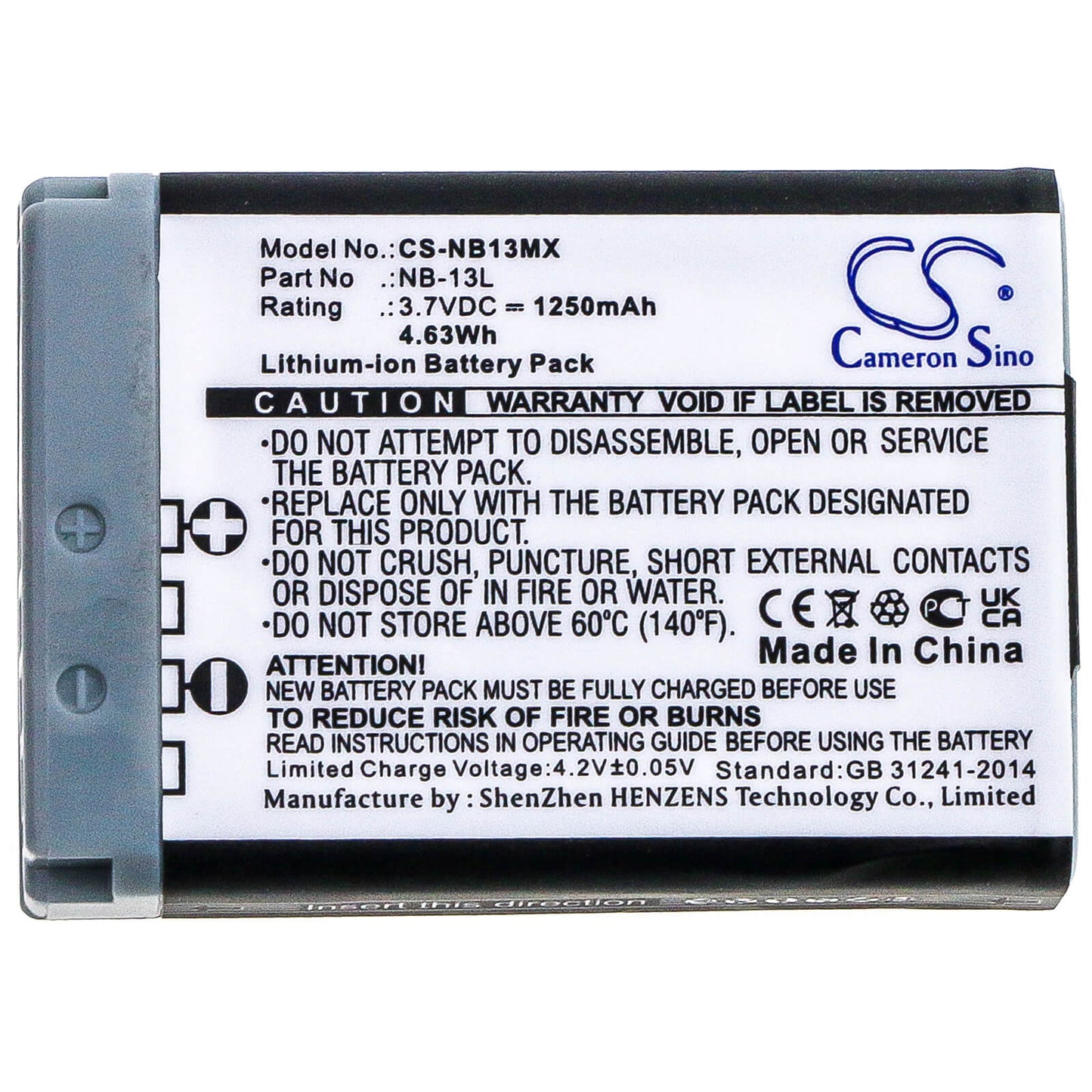 3.7V, 1250mAh, Li-ion Battery fits Canon, Powershot G5x, Powershot G5x M2, 4.625Wh