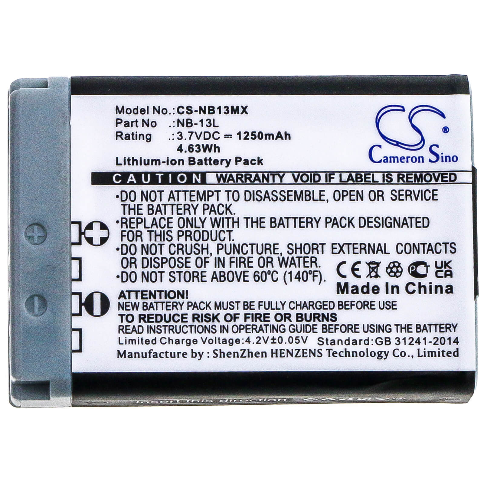 3.7V, 1250mAh, Li-ion Battery fits Canon, Powershot G5x, Powershot G5x M2, 4.625Wh
