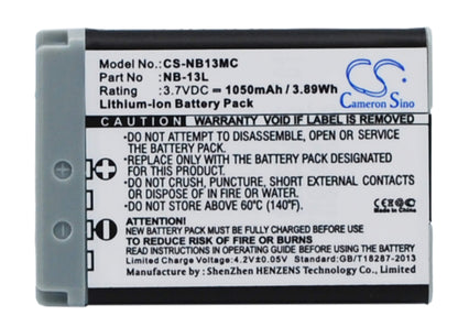 3.7V, 1050mAh, Li-ion Battery fits Canon, Powershot G5x, Powershot G5x M2, 3.885Wh