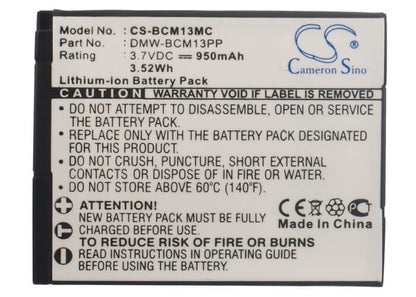 3.7V, 950mAh, Li-ion Battery fits Panasonic, Lumix Dmc-ft5, Lumix Dmc-ft5a, 3.515Wh
