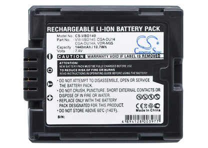 7.4V, 1440mAh, Li-ion Battery fits Panasonic, Nv-gs10, Nv-gs100k, 10.656Wh