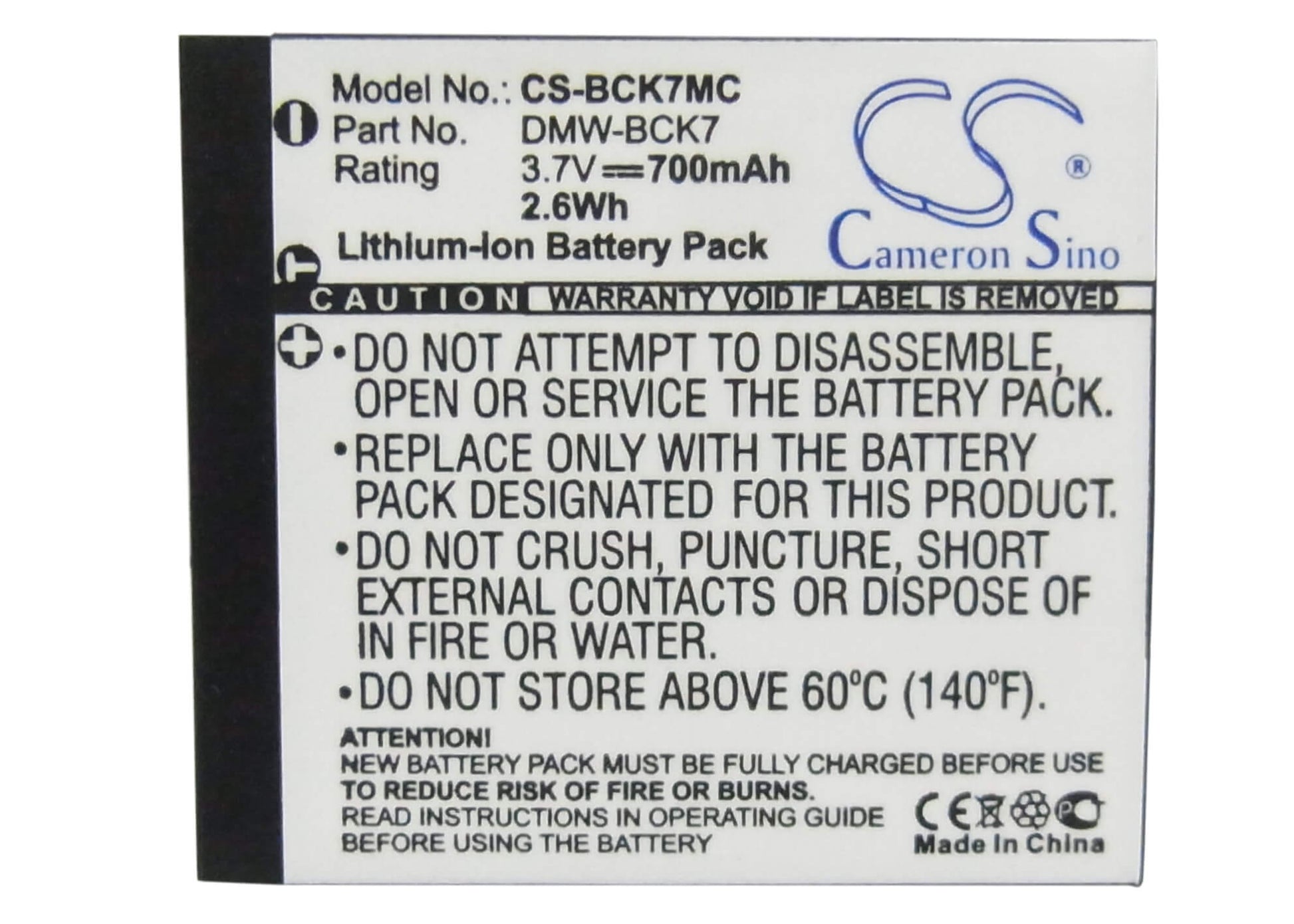 3.7V, 700mAh, Li-ion Battery fits Panasonic, Lumix Dmc-fp77, lumix Dmc-fs14, 2.59Wh