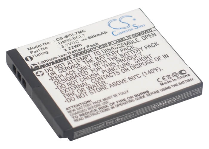 3.7V, 600mAh, Li-ion Battery fits Panasonic, Lumix Dmc-f5, Lumix Dmc-f5k, 2.22Wh