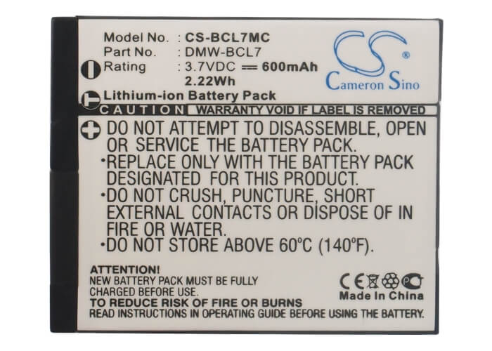 3.7V, 600mAh, Li-ion Battery fits Panasonic, Lumix Dmc-f5, Lumix Dmc-f5k, 2.22Wh