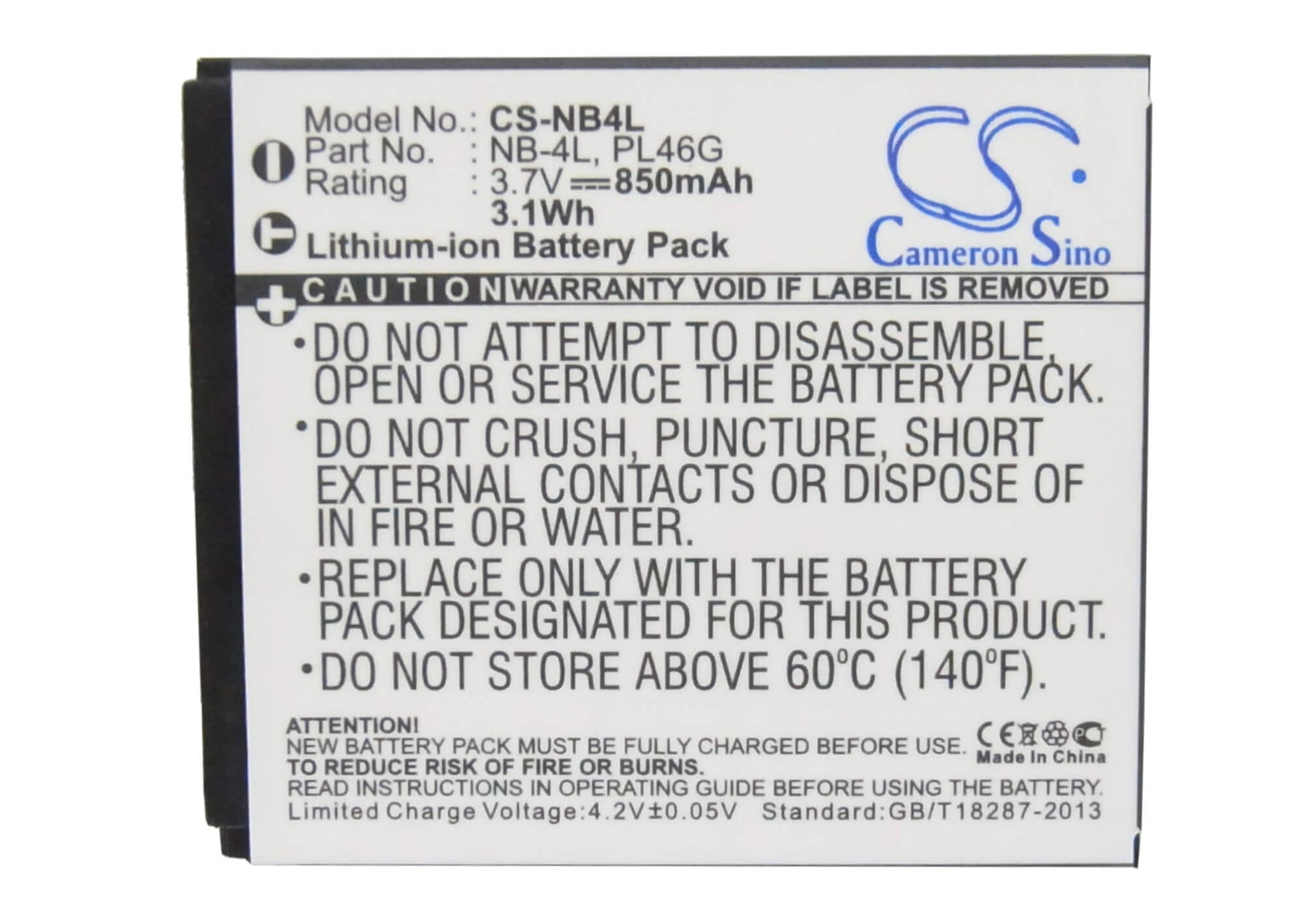 3.7V, 850mAh, Li-ion Battery fits Canon, Digital Ixus 100 Is, Digital Ixus 110 Is, 3.145Wh