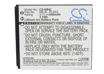 3.7V, 850mAh, Li-ion Battery fits Canon, Digital Ixus 100 Is, Digital Ixus 110 Is, 3.145Wh