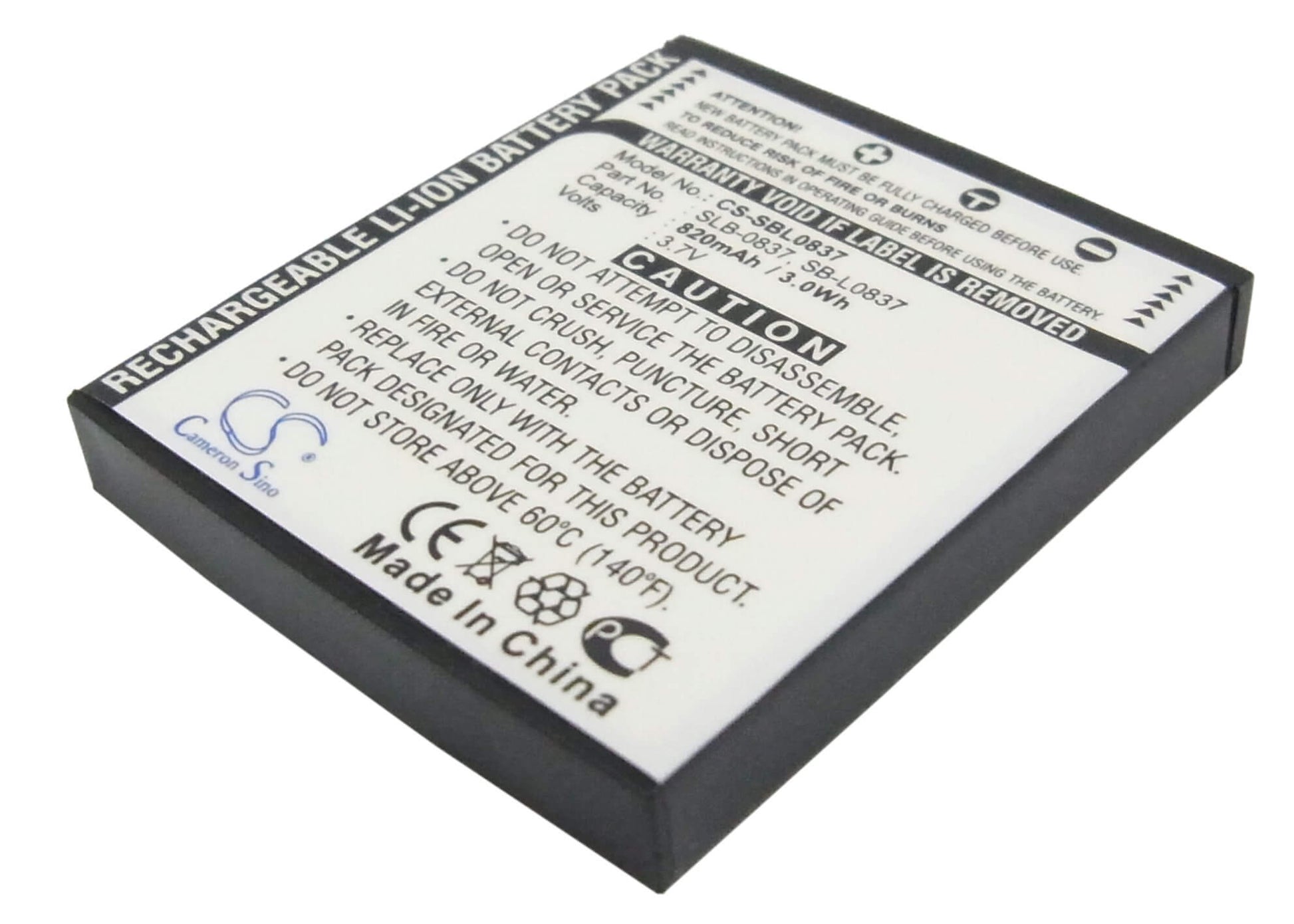 3.7V, 820mAh, Li-ion Battery fits Samsung, Digimax I5, Digimax I50, 3.034Wh