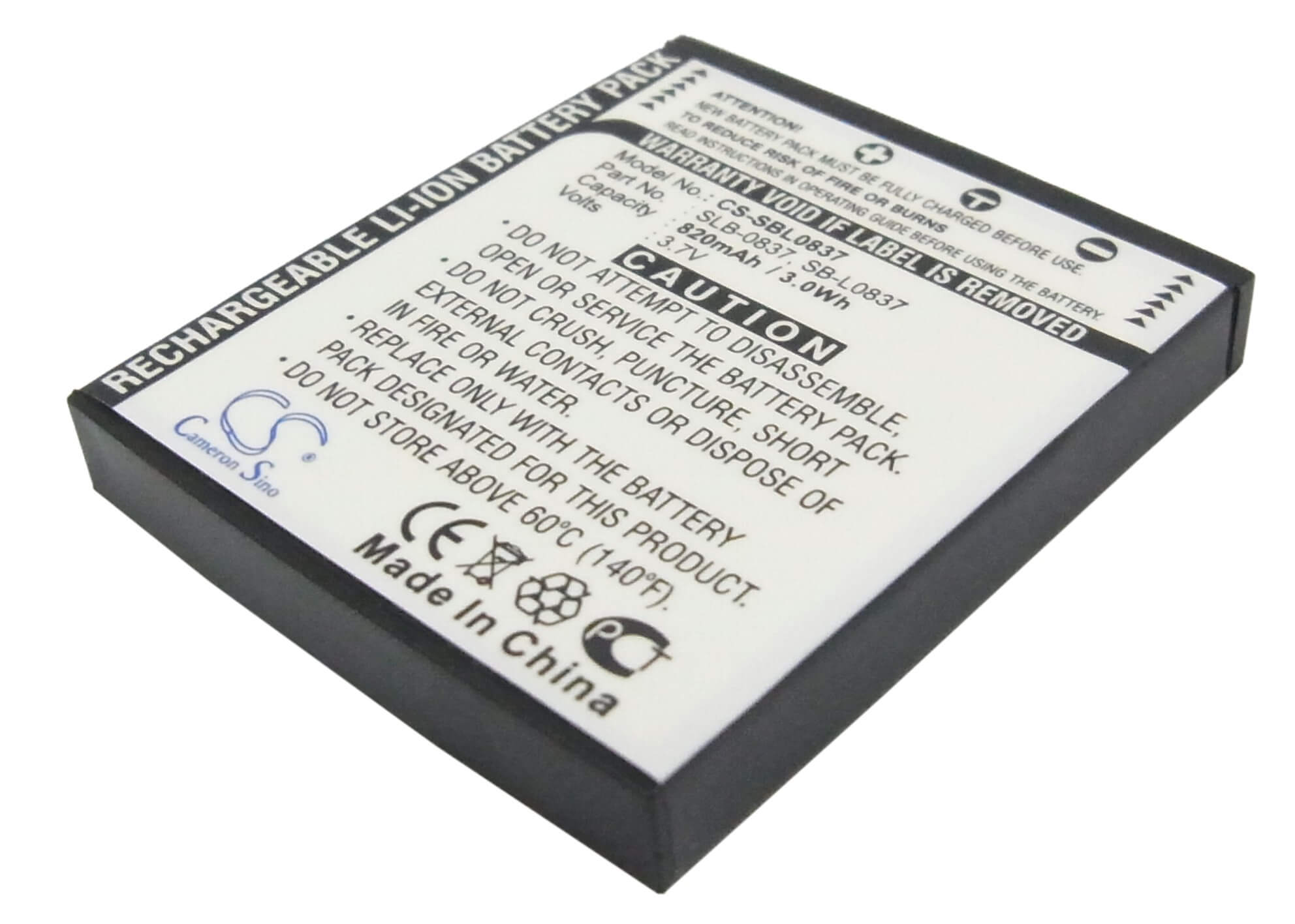 3.7V, 820mAh, Li-ion Battery fits Samsung, Digimax I5, Digimax I50, 3.034Wh