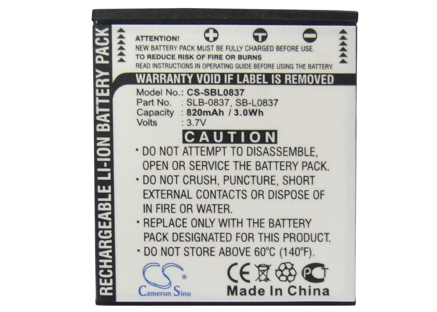 3.7V, 820mAh, Li-ion Battery fits Samsung, Digimax I5, Digimax I50, 3.034Wh