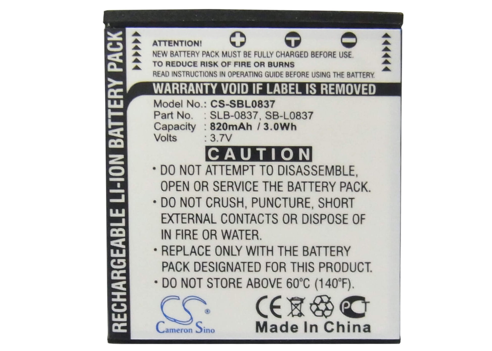 3.7V, 820mAh, Li-ion Battery fits Samsung, Digimax I5, Digimax I50, 3.034Wh