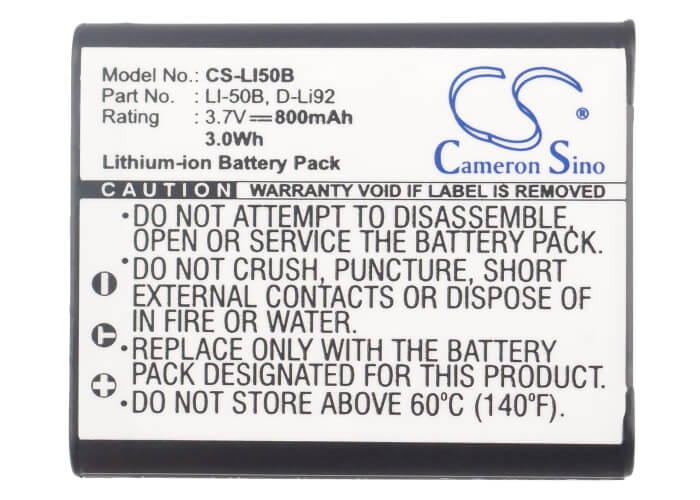3.7V, 800mAh, Li-ion Battery fits Olympus, D-750, D-755, 2.96Wh