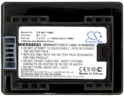 3.6V, 1600mAh, Li-ion Battery fits Canon, Ixia Hf M56, Ixia Hf R306, 5.76Wh