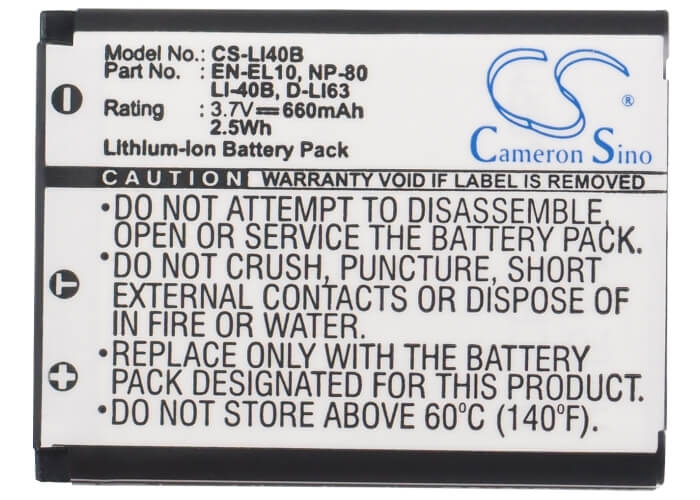 Camera 3.7V, 660mAh, Li-ion Battery fits Pentax, Optio L40, optio Ls1100, 2.442Wh