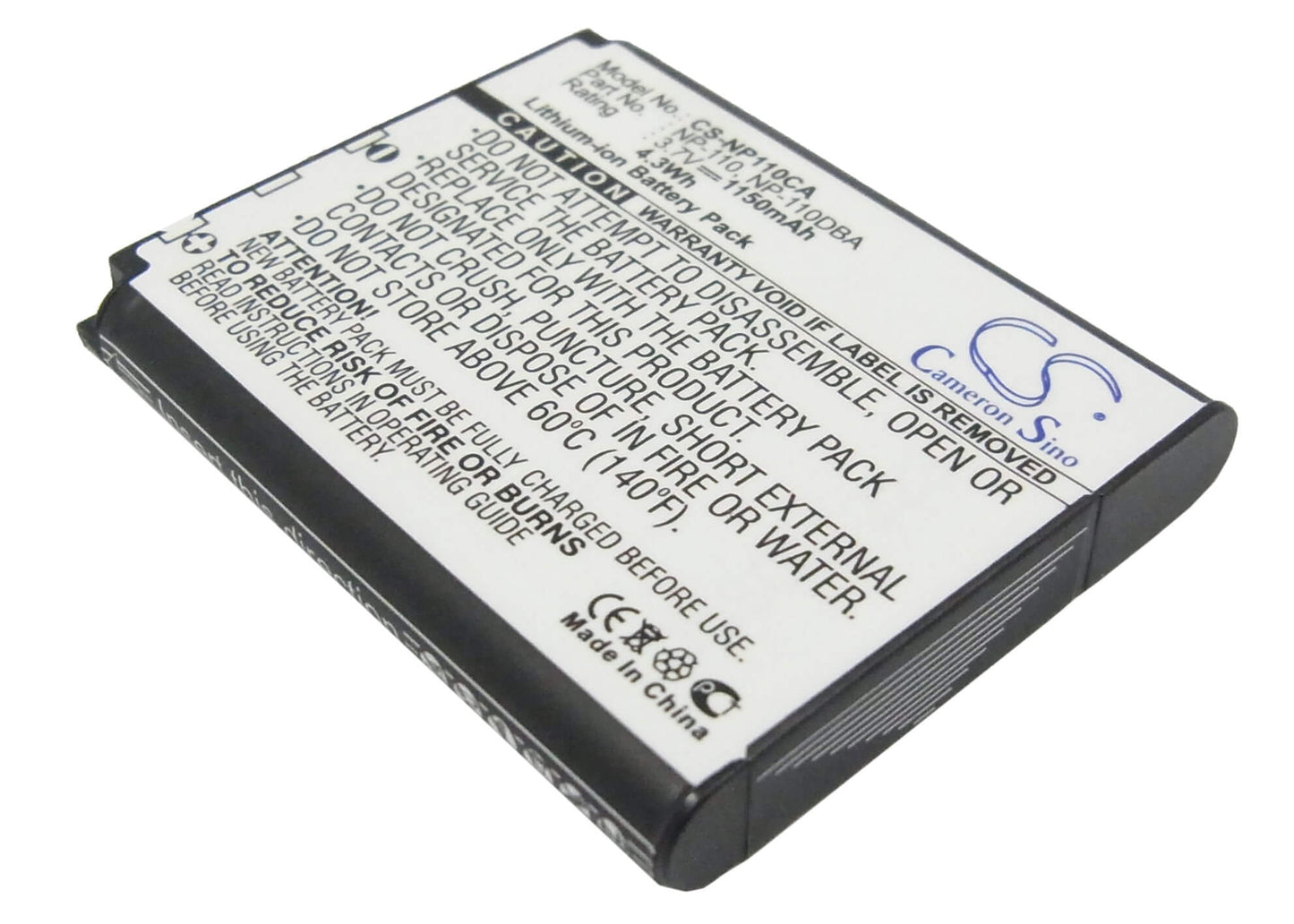 3.7V, 1150mAh, Li-ion Battery fits Casio, Exilim Ex-z200, Exilim Ex-z2000, 4.255Wh