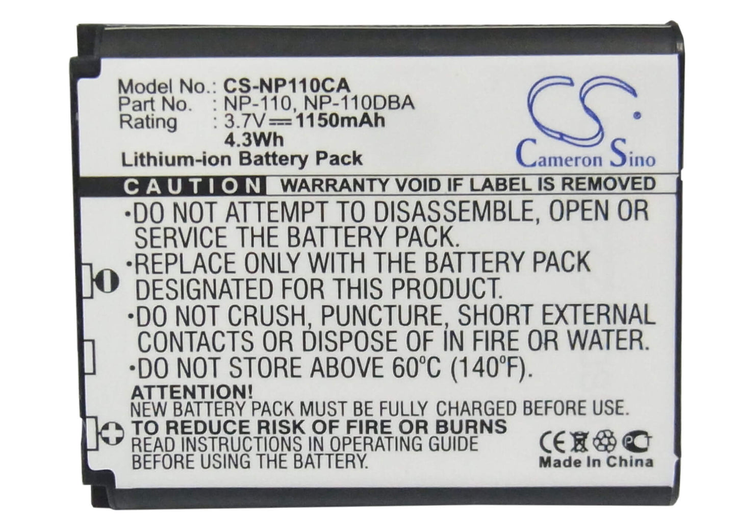 3.7V, 1150mAh, Li-ion Battery fits Casio, Exilim Ex-z200, Exilim Ex-z2000, 4.255Wh