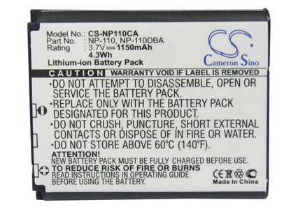 3.7V, 1150mAh, Li-ion Battery fits Casio, Exilim Ex-z200, Exilim Ex-z2000, 4.255Wh