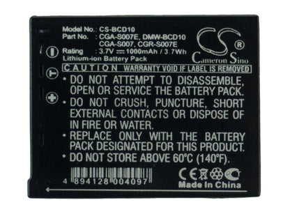 3.7V, 1000mAh, Li-ion Battery fits Panasonic, Lumix Dmc-tz1, Lumix Dmc-tz11, 3.7Wh