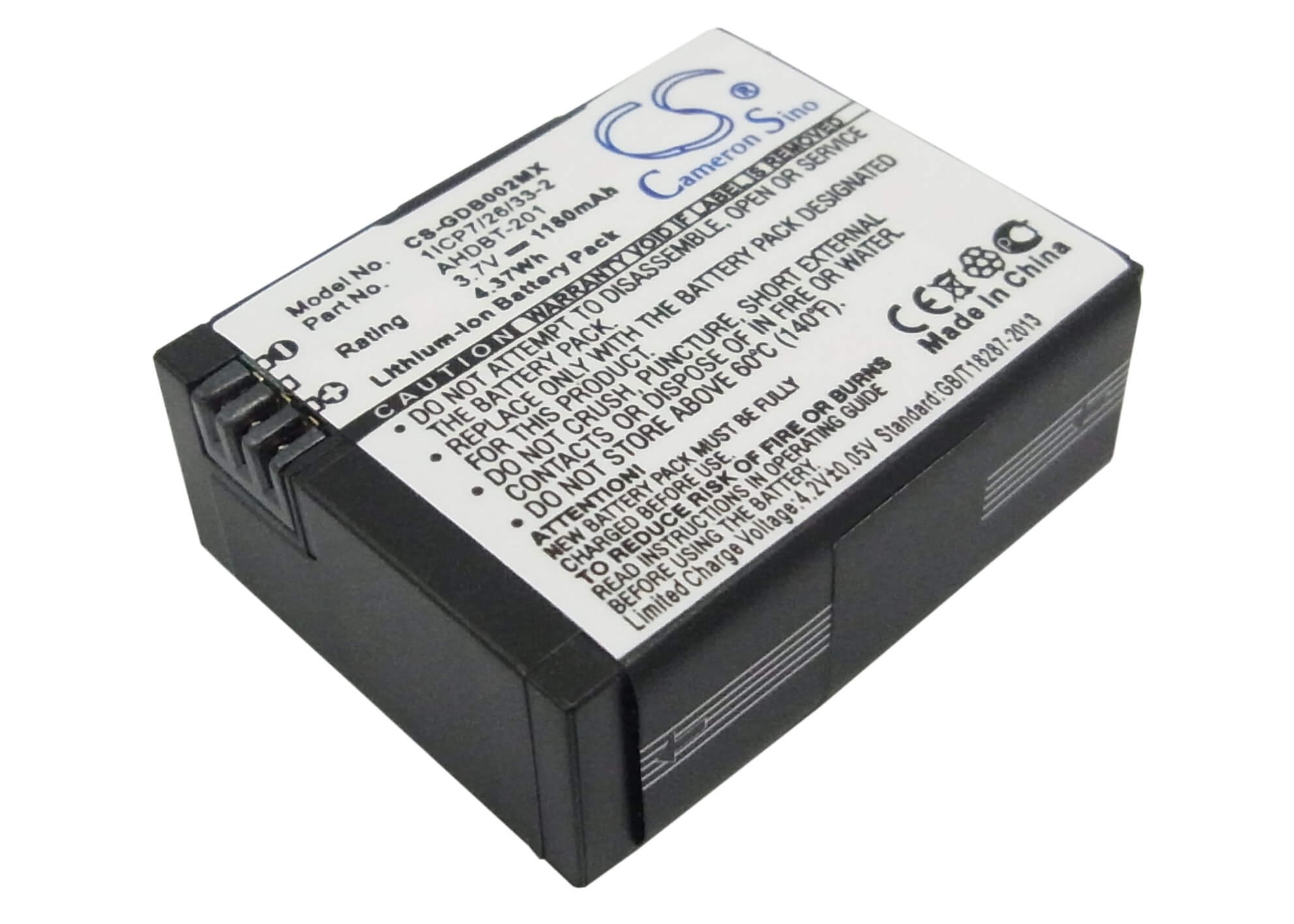 3.7V, 1180mAh, Li-ion Battery fits Gopro, Hd Hero3 Black Edition, Hd Hero3 White Edition, 4.366Wh