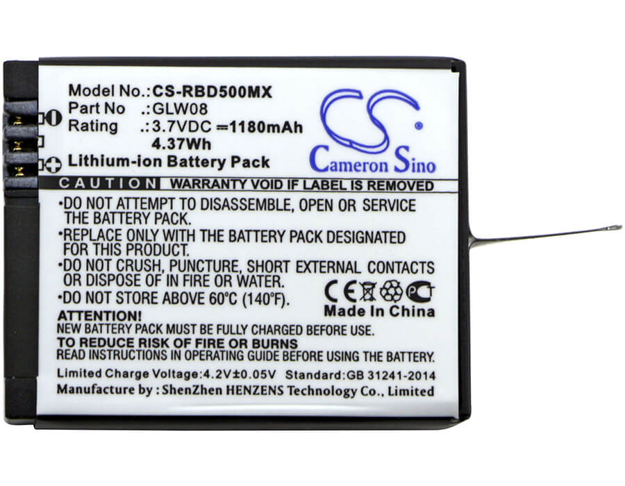 3.7V, 1180mAh, Li-ion Battery fits Rollei, Actioncam 500, Actioncam 500 Sunrise, 4.366Wh