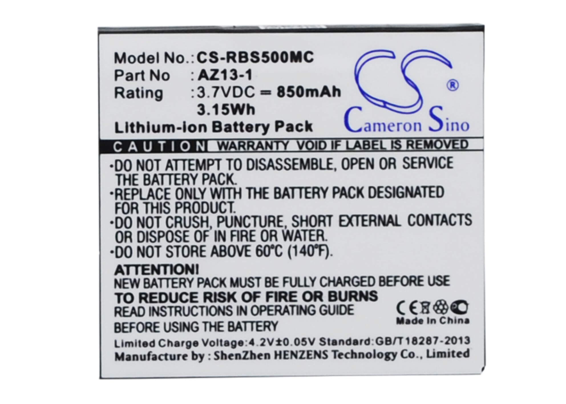 3.7V, 850mAh, Li-ion Battery fits Xiaoyi, Az13-1, Az13h, 3.145Wh