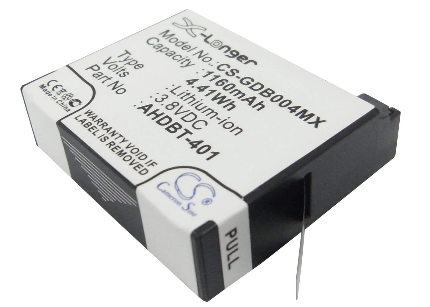 3.8V, 1160mAh, Li-ion Battery fits Gopro, Hero 4, Hero 4 Black, 4.408Wh