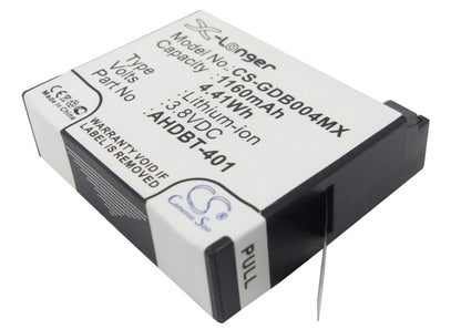 3.8V, 1160mAh, Li-ion Battery fits Gopro, Hero 4, Hero 4 Black, 4.408Wh