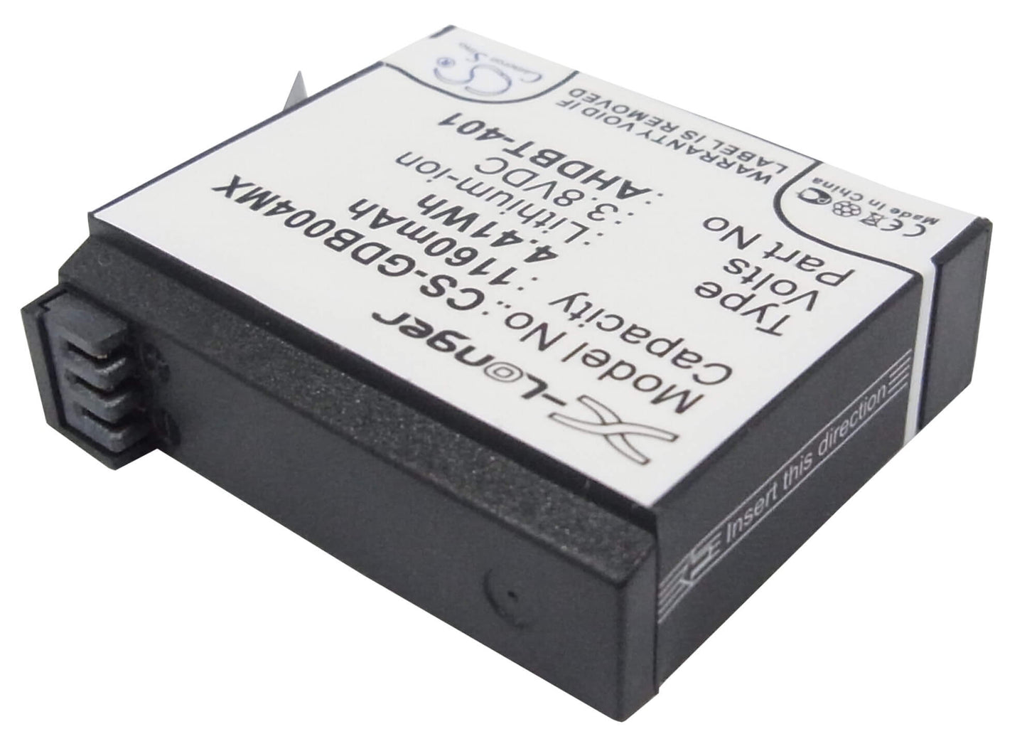 3.8V, 1160mAh, Li-ion Battery fits Gopro, Hero 4, Hero 4 Black, 4.408Wh