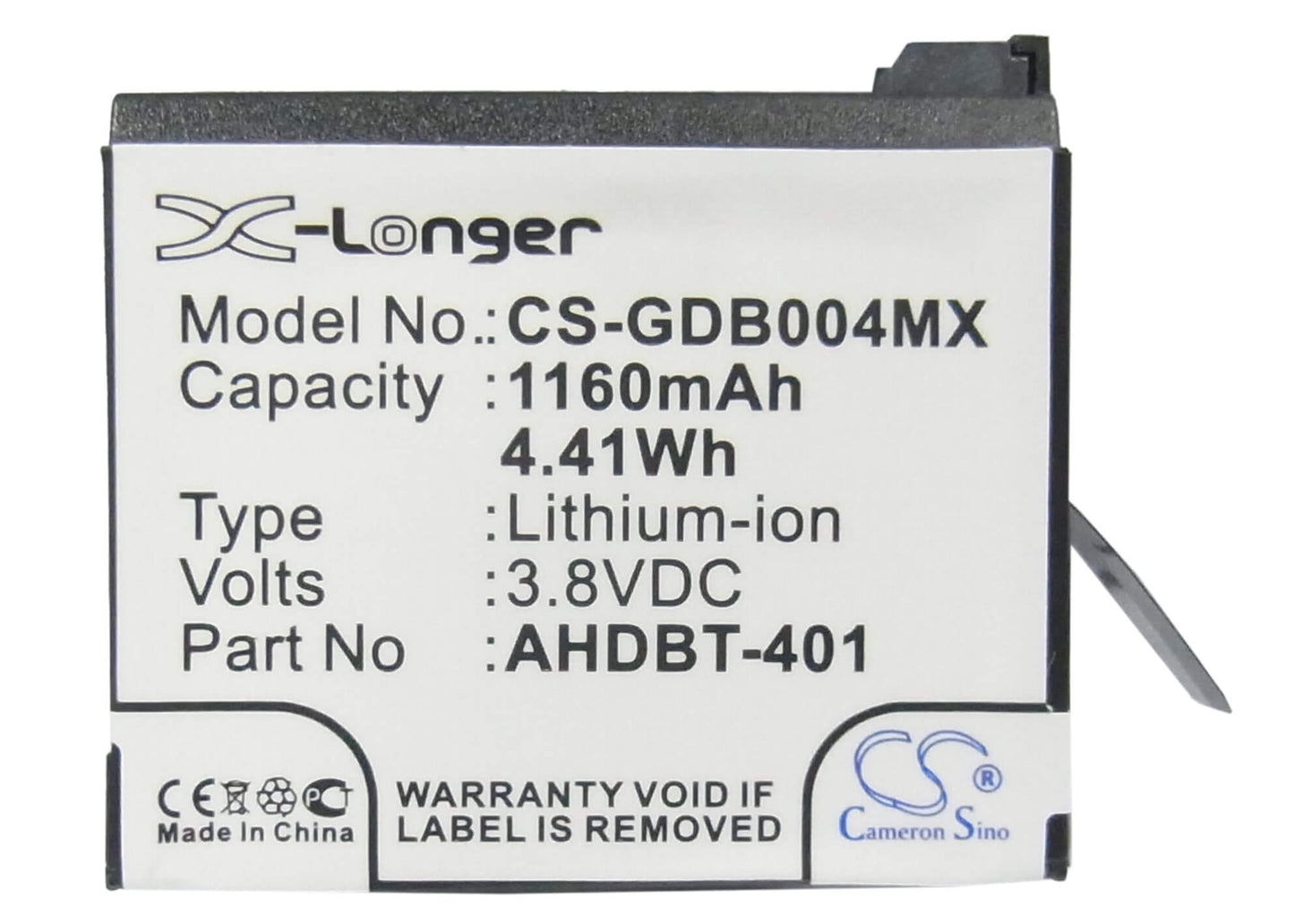3.8V, 1160mAh, Li-ion Battery fits Gopro, Hero 4, Hero 4 Black, 4.408Wh
