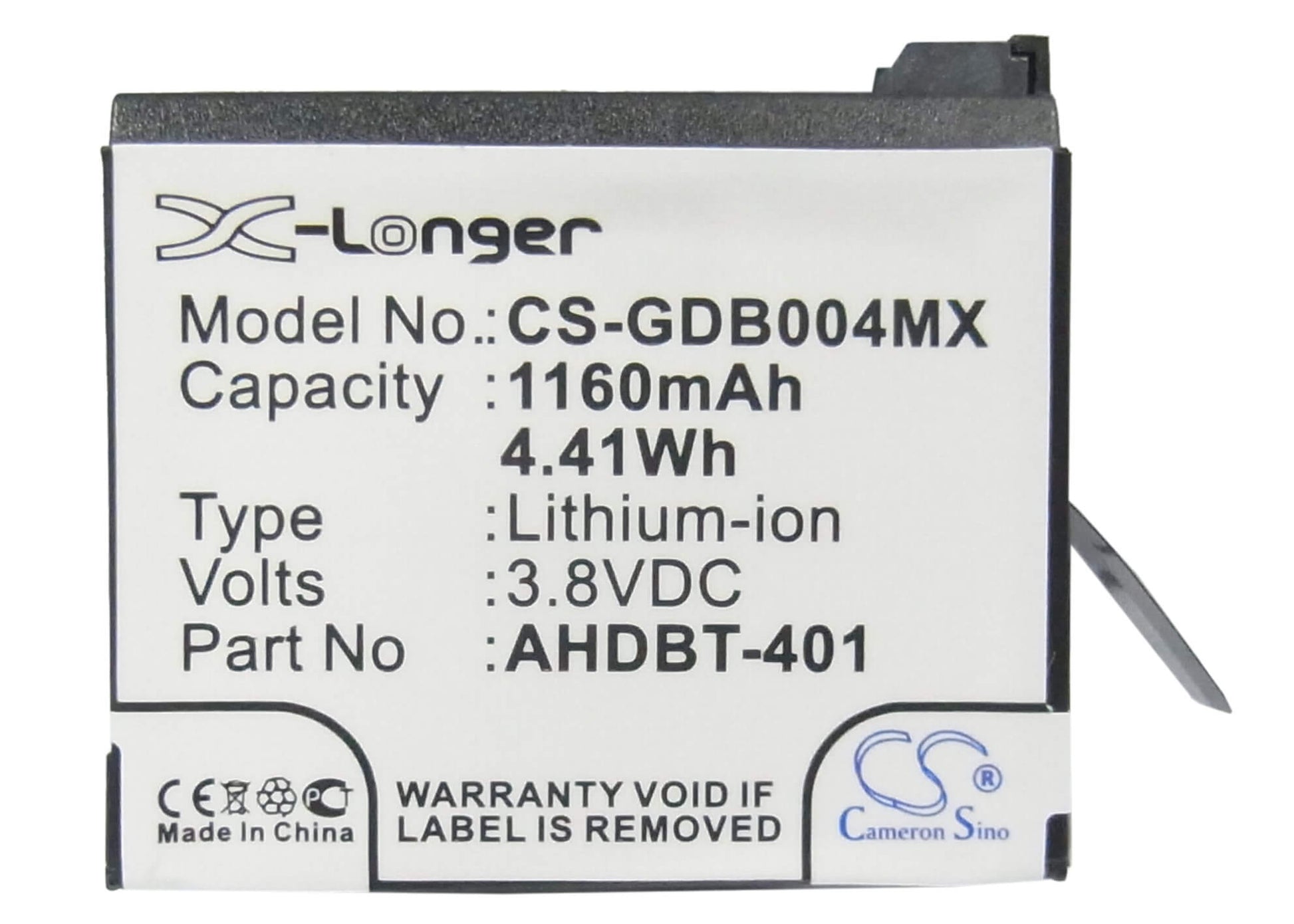 3.8V, 1160mAh, Li-ion Battery fits Gopro, Hero 4, Hero 4 Black, 4.408Wh