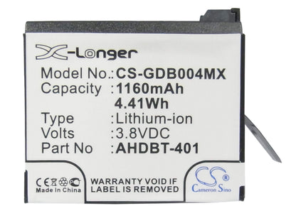 3.8V, 1160mAh, Li-ion Battery fits Gopro, Hero 4, Hero 4 Black, 4.408Wh