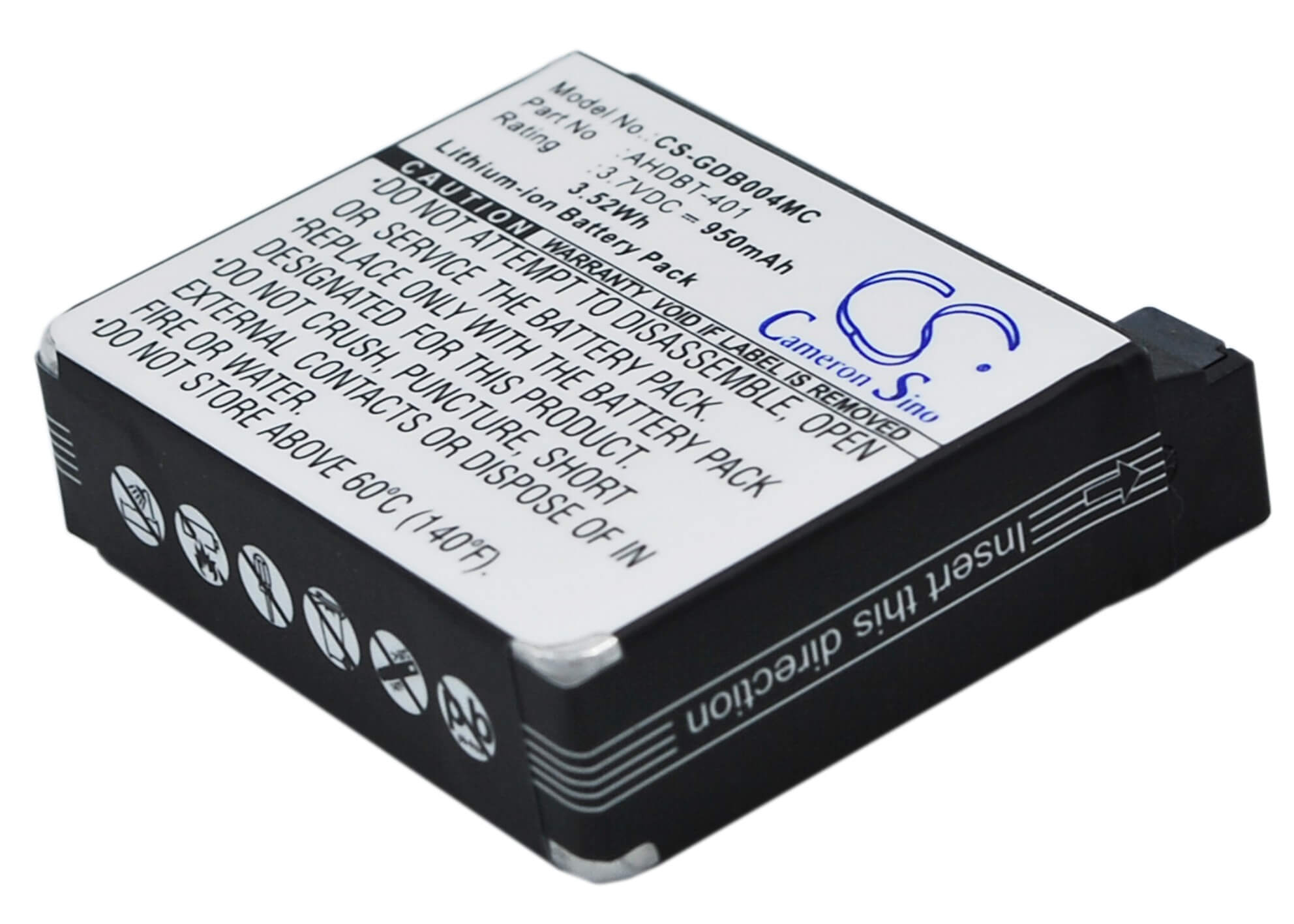 3.7V, 950mAh, Li-ion Battery fits Gopro, Hero 4, Hero 4 Black, 3.515Wh