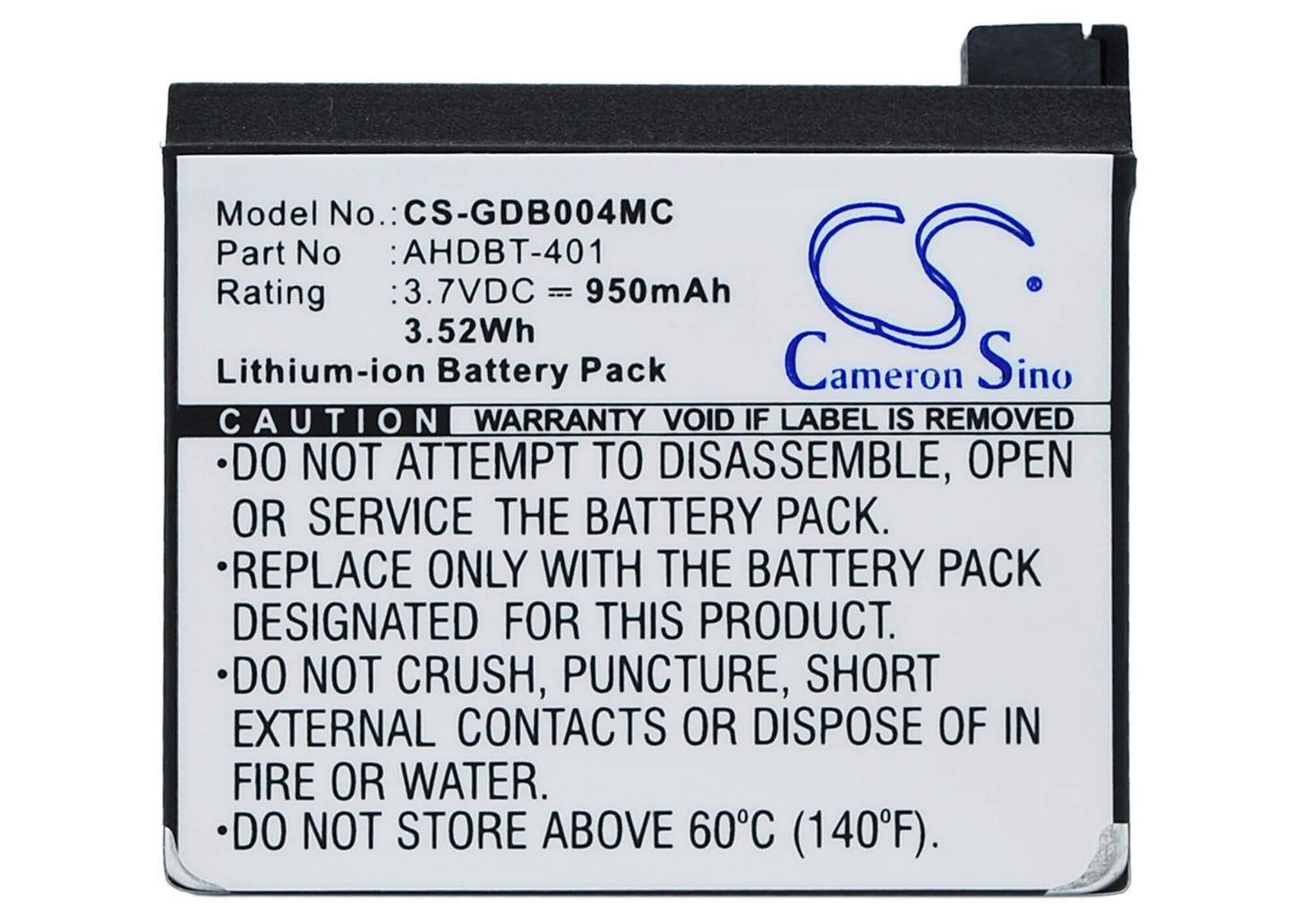 3.7V, 950mAh, Li-ion Battery fits Gopro, Hero 4, Hero 4 Black, 3.515Wh
