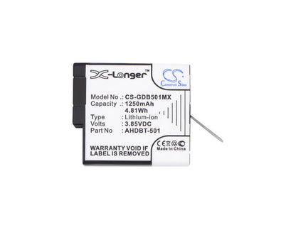 3.85V, 1250mAh, Li-ion Battery fits Gopro, 601-10197-00, Aabat-001, 4.8125Wh