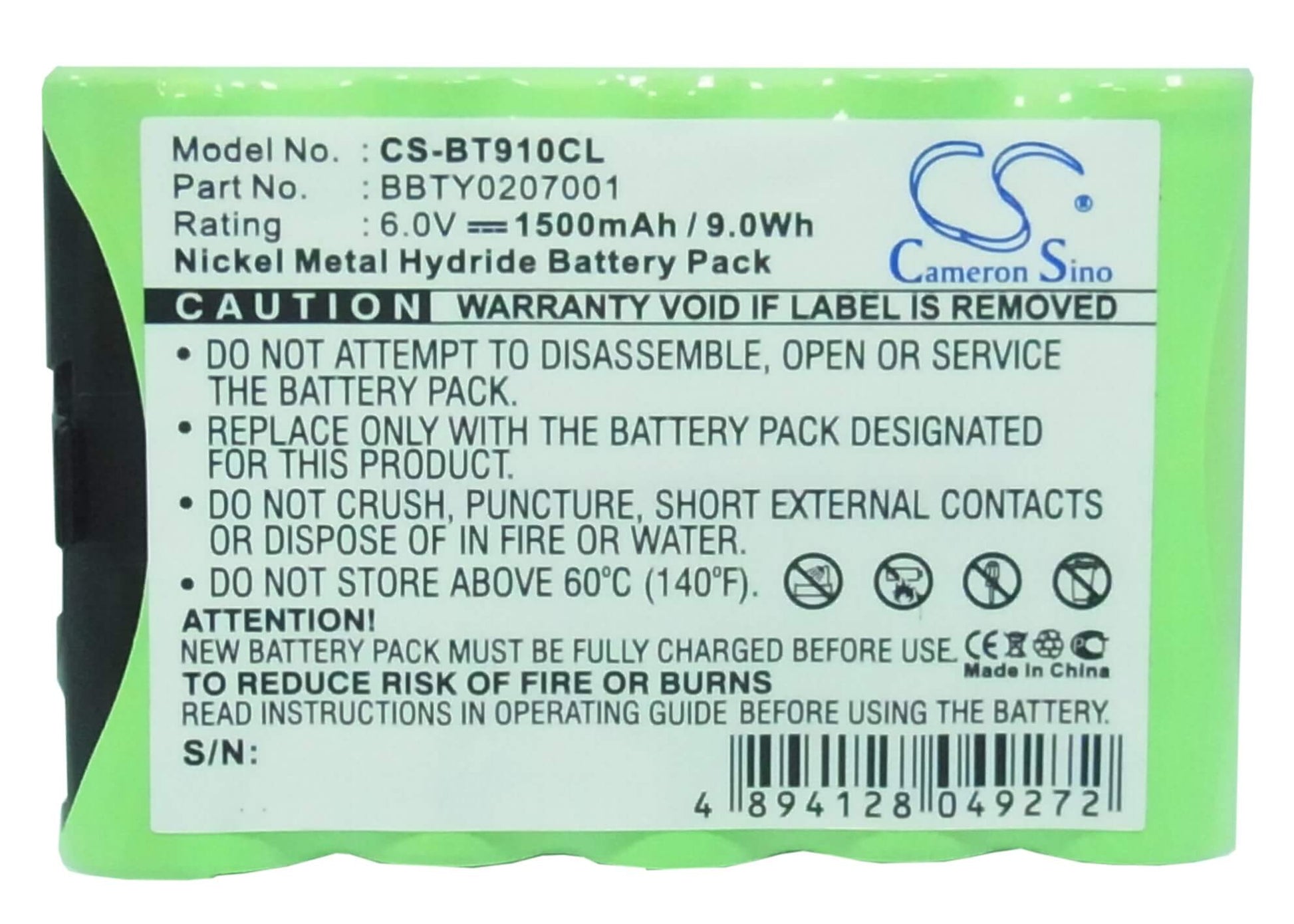 6.0V, 1500mAh, Ni-MH Battery fits Ge, 49001, Ges-pcm02, 9Wh