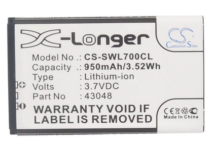 3.7V, 950mAh, Li-ion Battery fits Swissvoice, L7, Sv 20405855, 3.515Wh