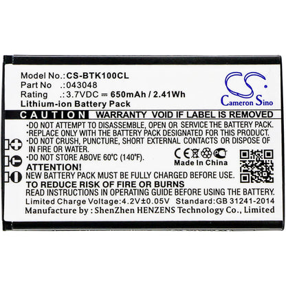 3.7V, 650mAh, Li-ion Battery fits Bt, Elements 1k, 2.405Wh