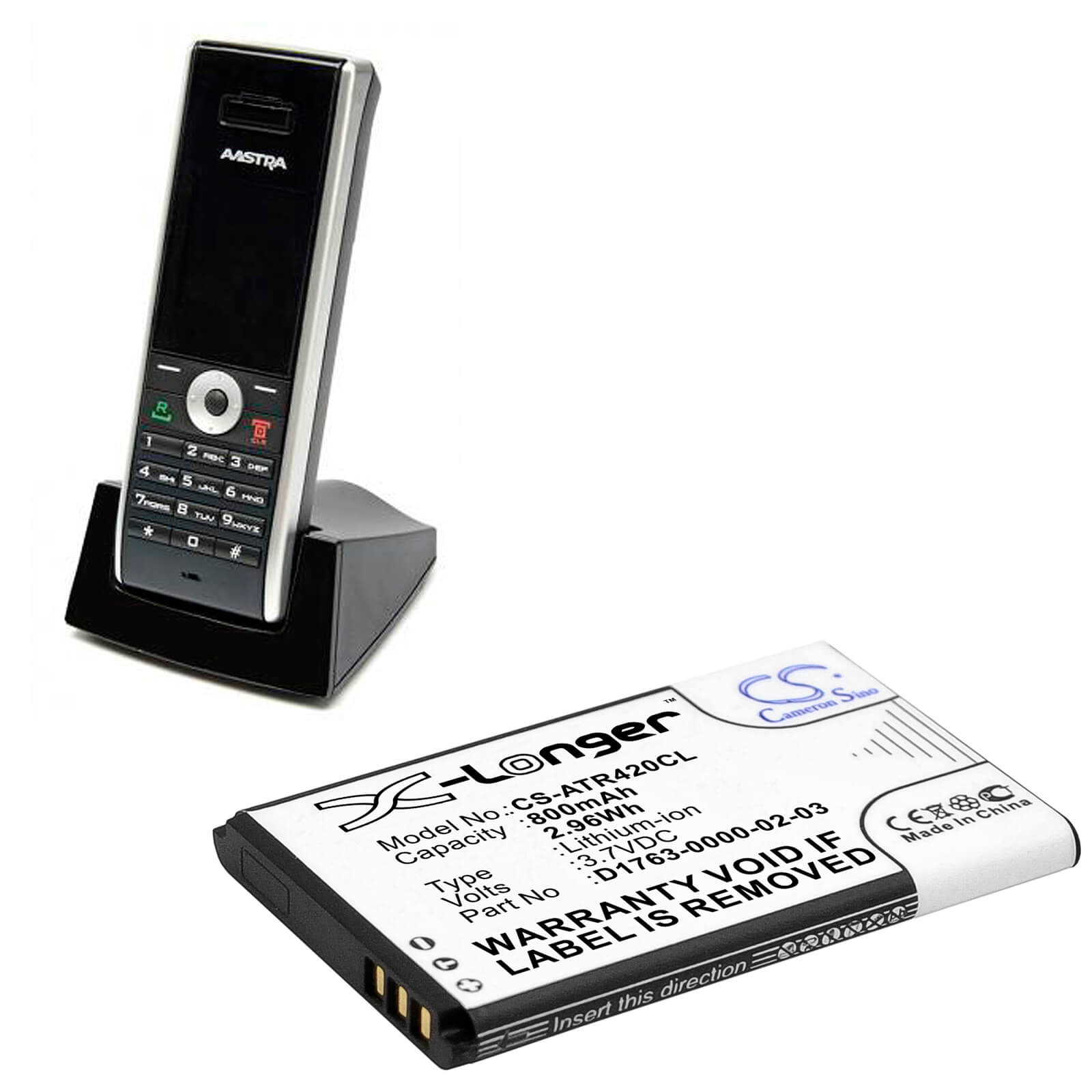 3.7V, 800mAh, Li-ion Battery fits Aastra, 420d, 2.96Wh