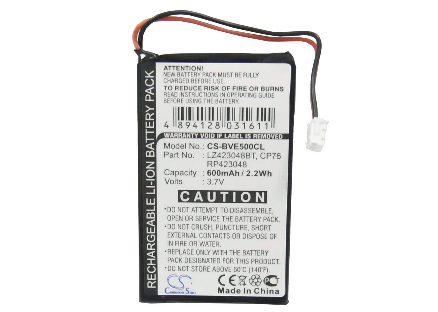 3.7V, 600mAh, Li-ion Battery fits Bti, Verve 500, Verve 500 Black, 2.22Wh