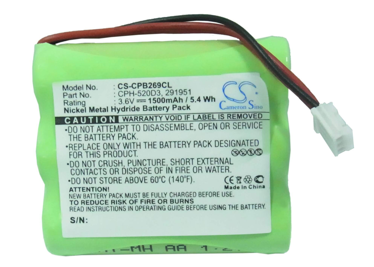 3.6V, 1500mAh, Ni-MH Battery fits Rca, 25450, 25450re3, 5.4Wh