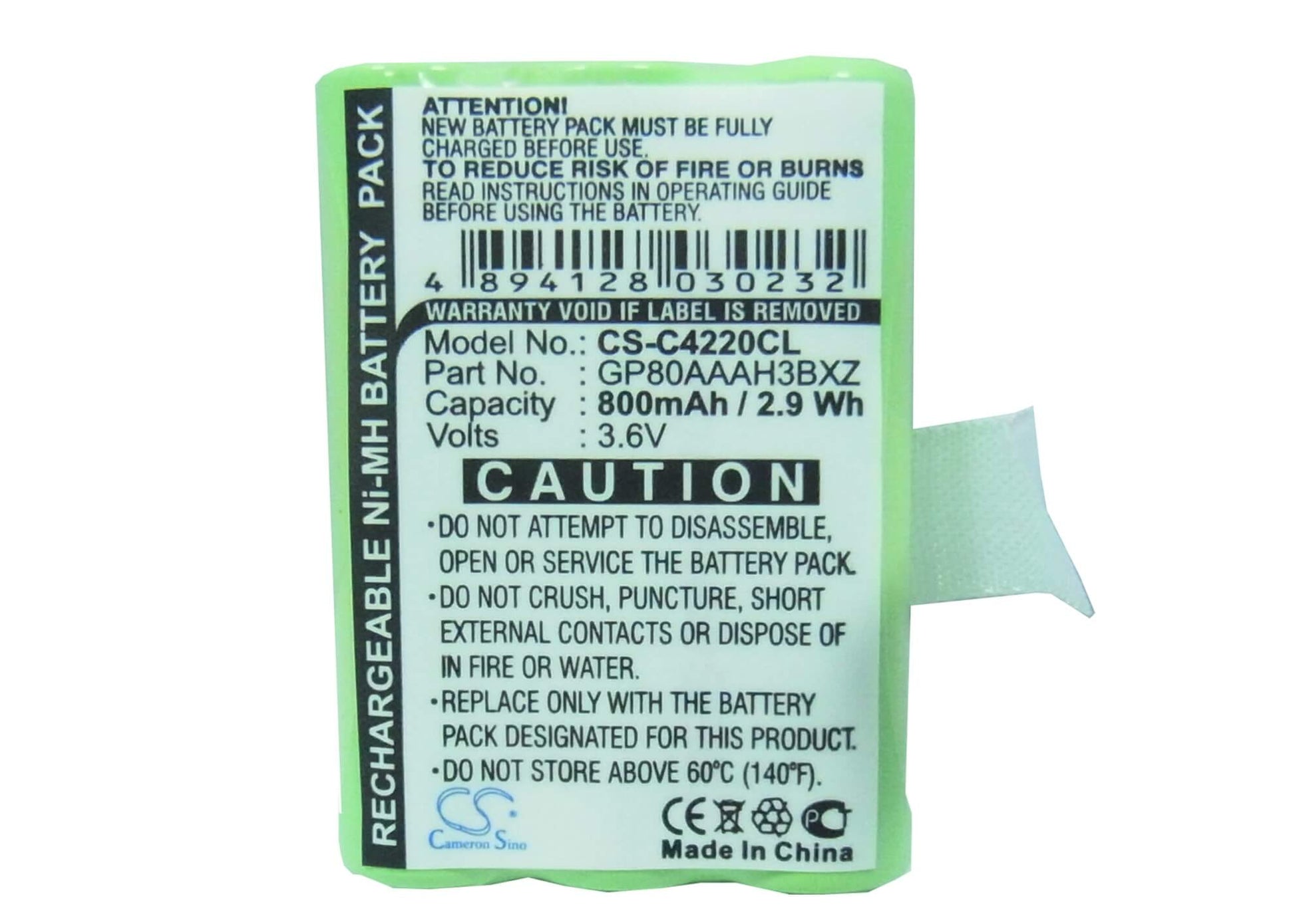 3.6V, 800mAh, Ni-MH Battery fits Clarity, Professional C4220, Professional C4230, 2.88Wh