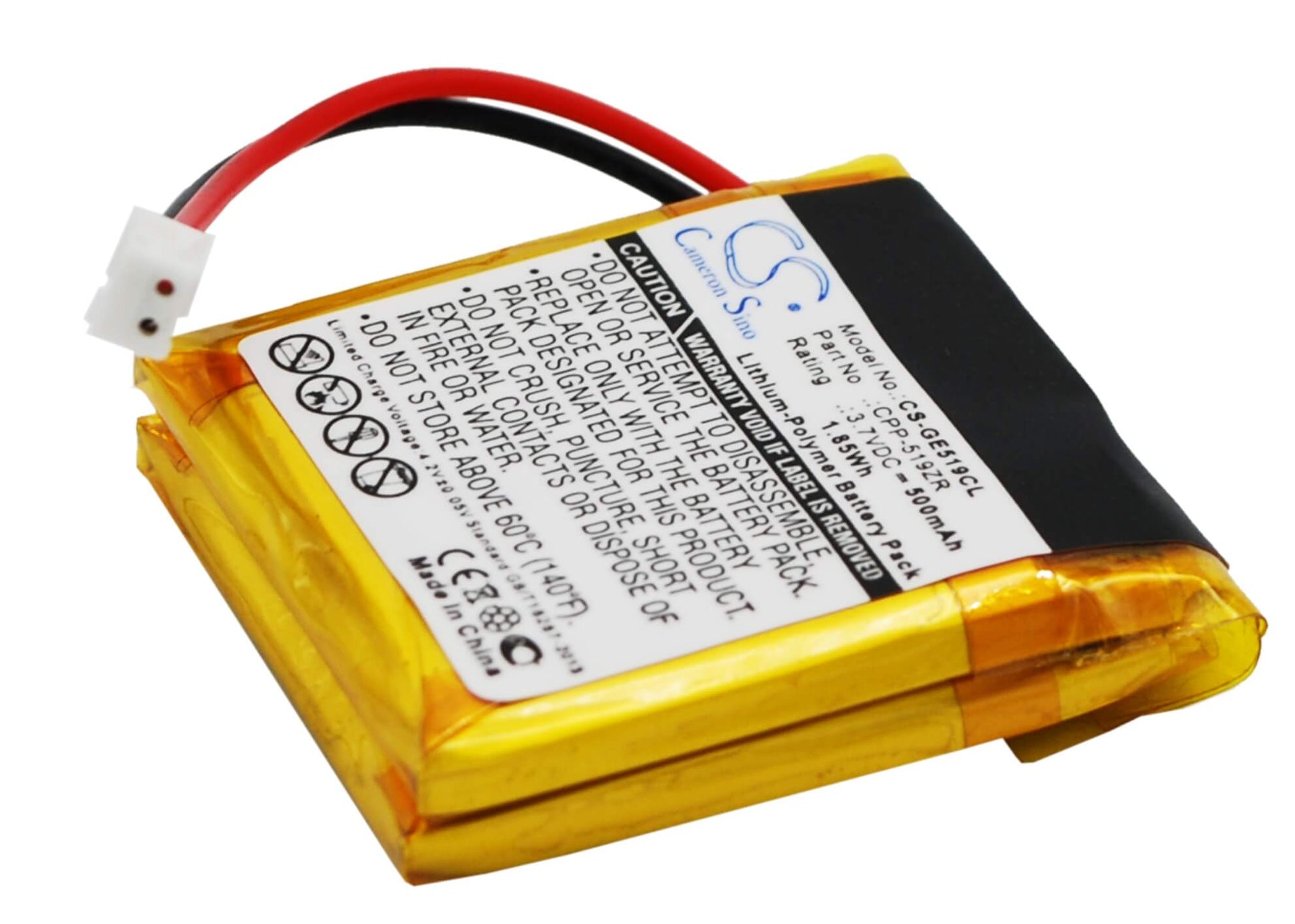 3.7V, 500mAh, Li-Polymer Battery fits Ge, Feb-10, May-82, 1.85Wh