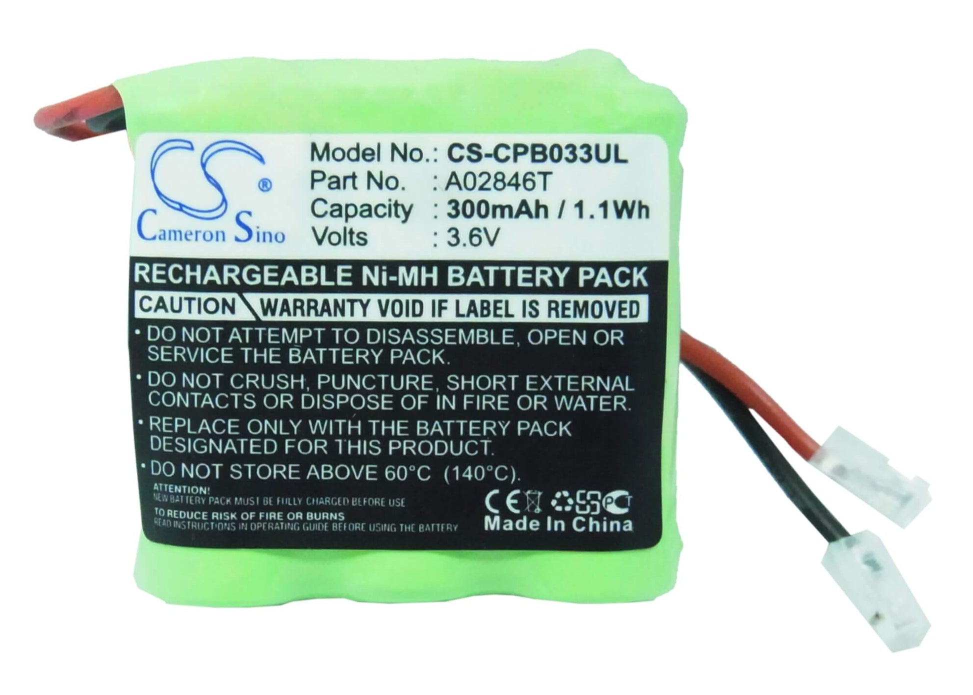 3.6V, 300mAh, Ni-MH Battery fits Universal, 2/3aaa X 3, 1.08Wh