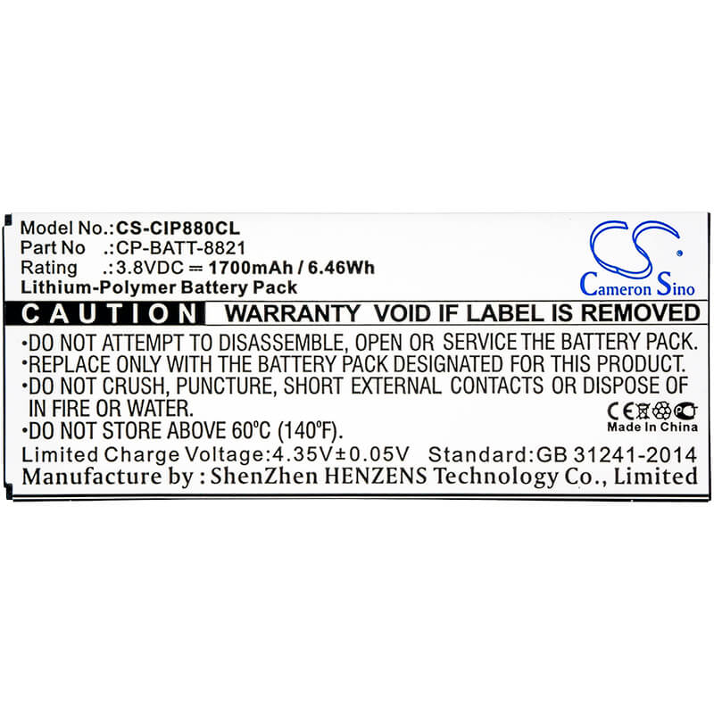 3.8V, 1700mAh, Li-Polymer Battery fits Cisco, 8800, 6.46Wh