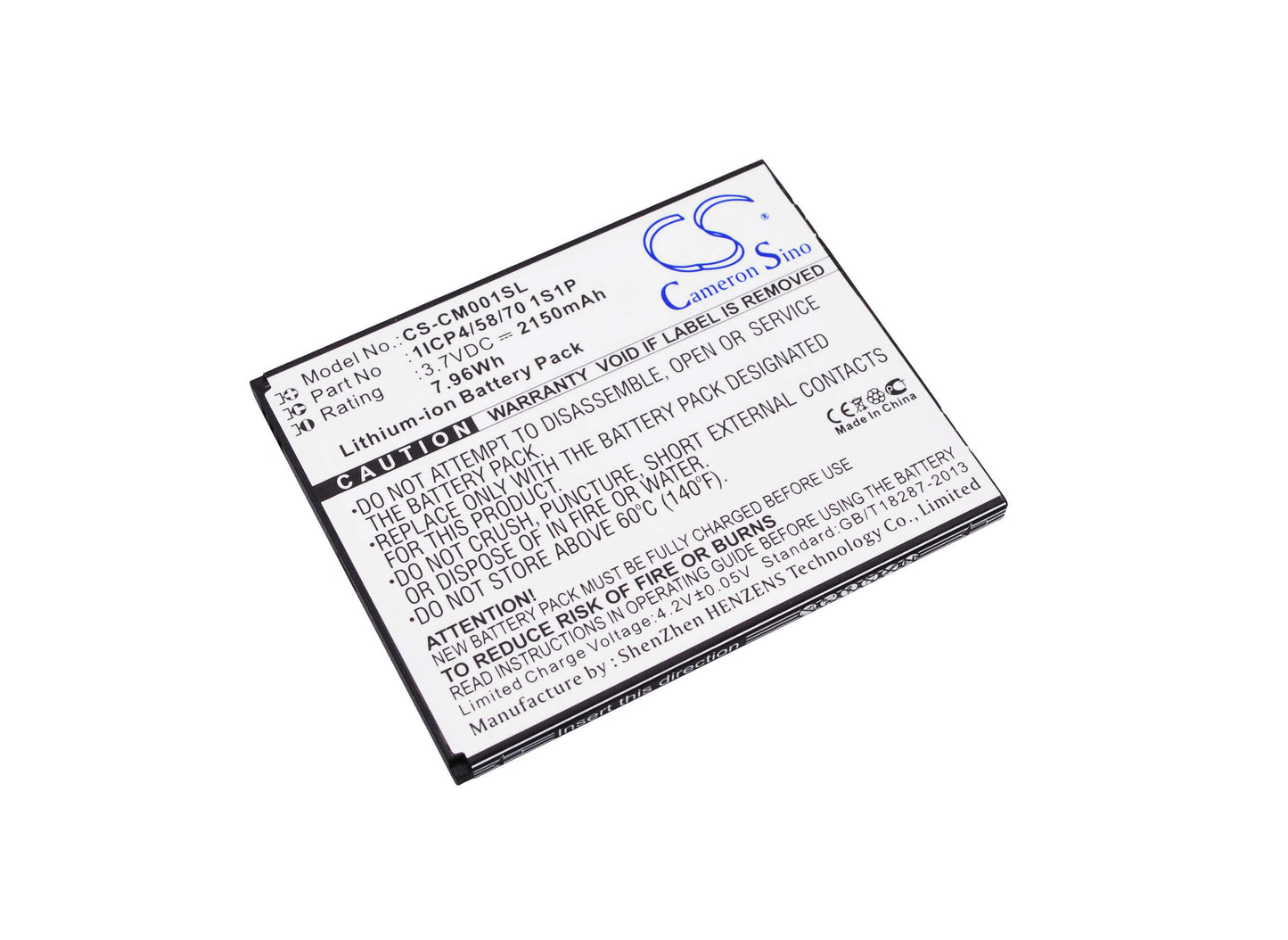 3.7V, 2150mAh, Li-ion Battery fits Cameron Sino, 1icp4/58/70 1s1p, 7.955Wh