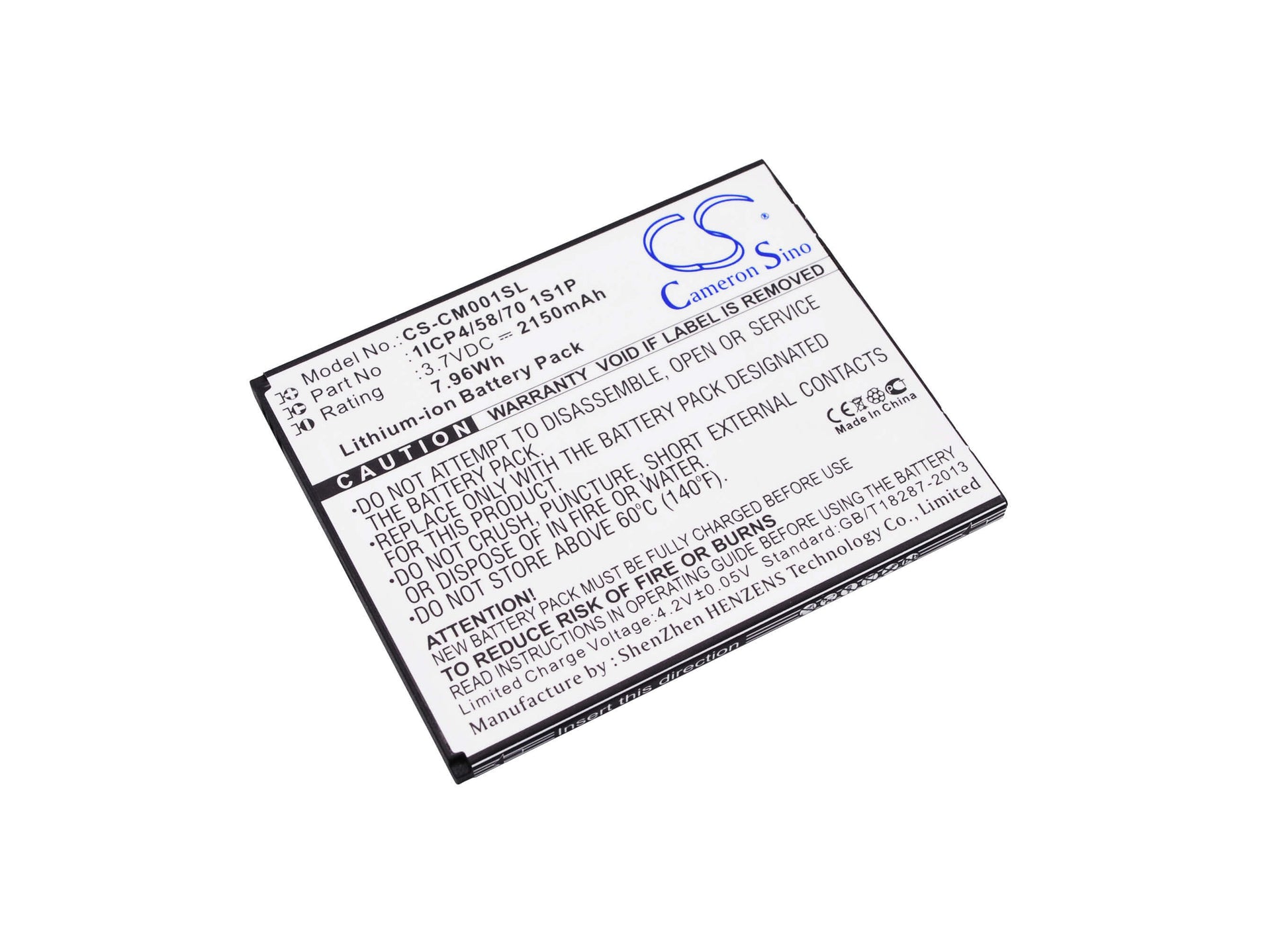 3.7V, 2150mAh, Li-ion Battery fits Cameron Sino, 1icp4/58/70 1s1p, 7.955Wh