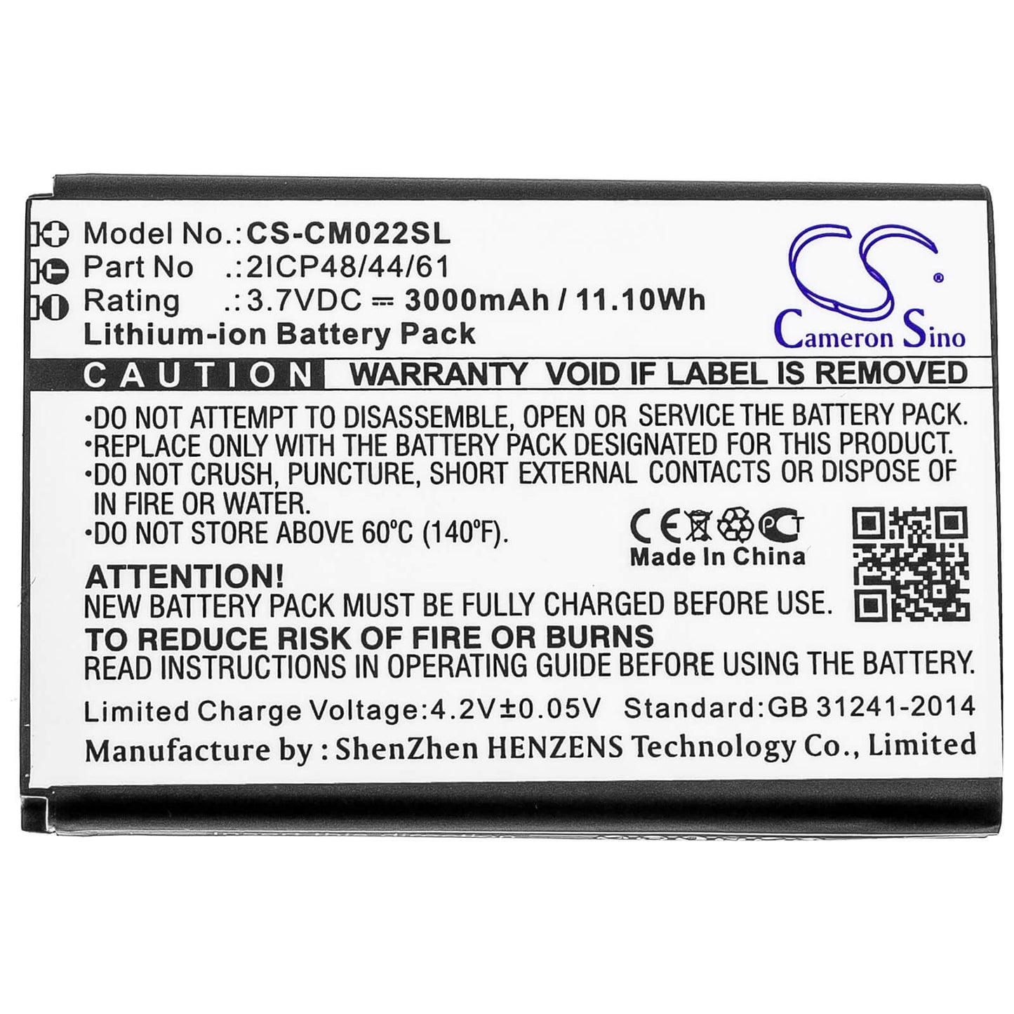 3.7V, 3000mAh, Li-ion Battery fits Cameron Sino, 2icp48/44/61, 11.1Wh